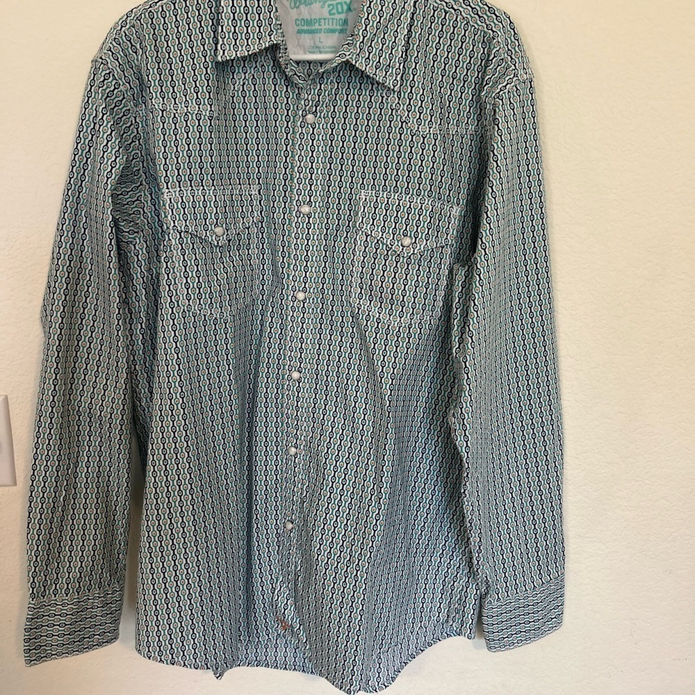 Wrangler 20X Competition Men's Large Shirt Long Sleeved Pearl Snap Blue Green